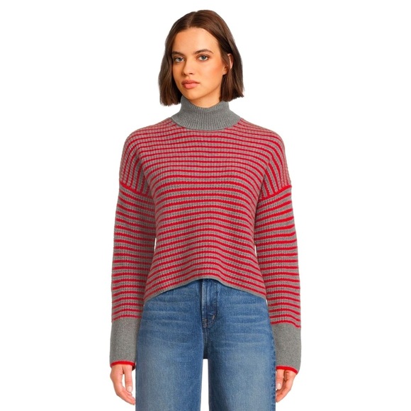 Madewell Sweaters - NWT Madewell Merino Wool Waffle-Knit Turtleneck, Gray & Red Stripe, Sizes M & L